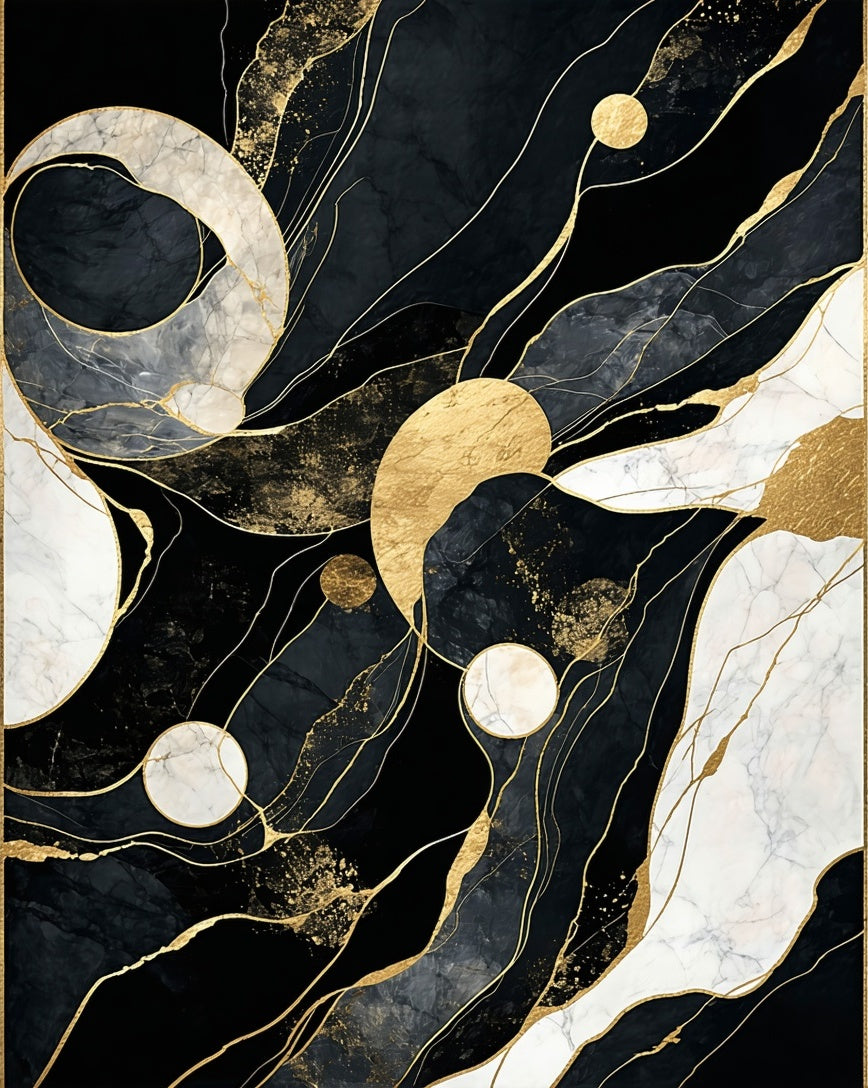 Abstract Black Gold Marble Veins Rug