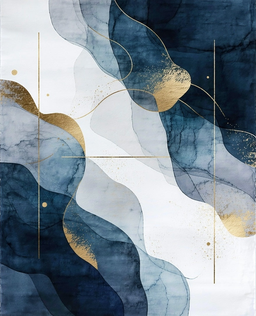 Abstract Blue Gold Wavy Lines Rug
