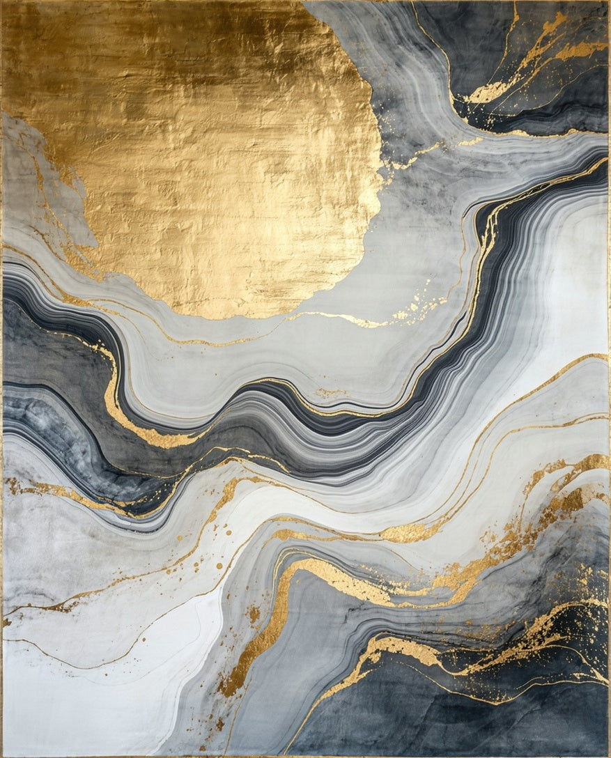 Abstract Gold Grey Swirl Design Rug