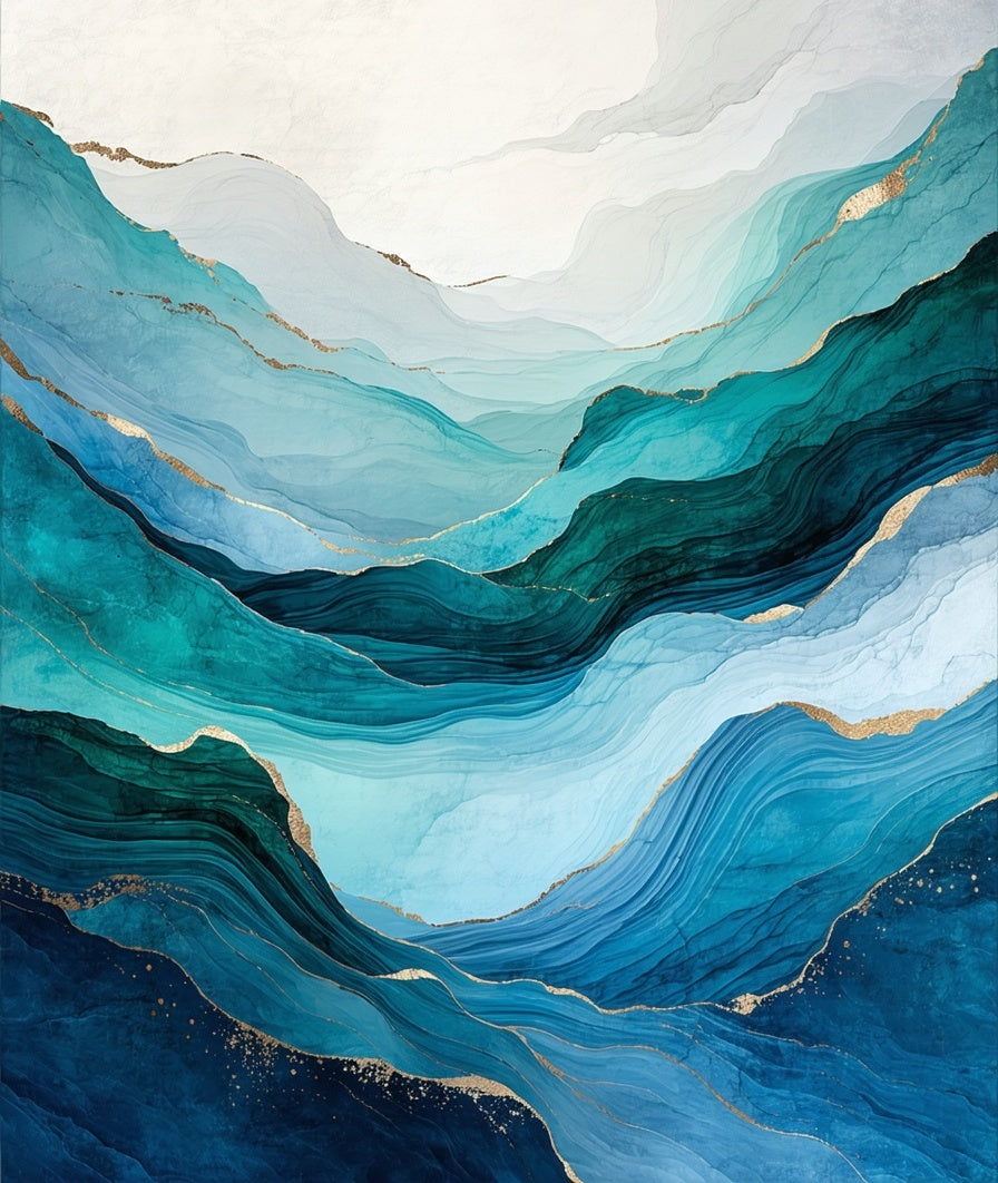 Abstract Blue Gold Wavy Landscape Rug