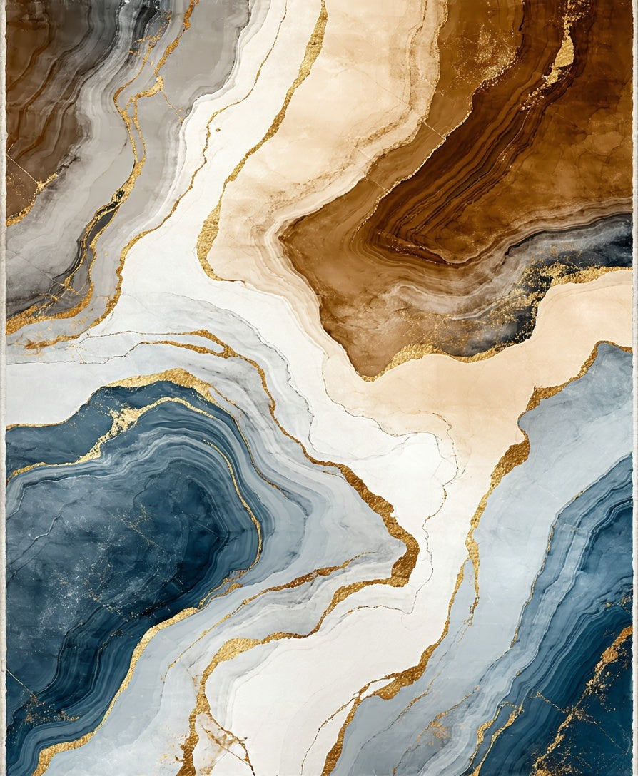Abstract Blue Brown Gold Marble Pattern Rug