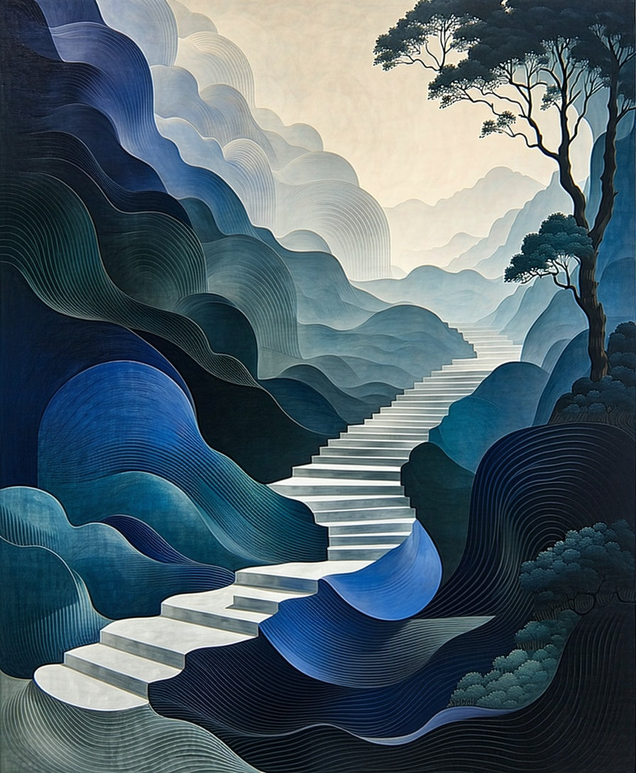 Abstract Blue Wave Stair Scene Rug