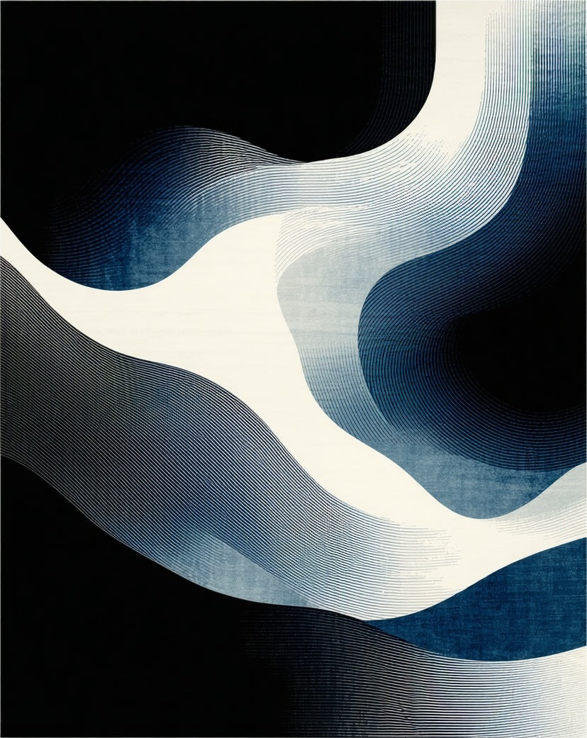 Abstract Blue White Wave Pattern Rug