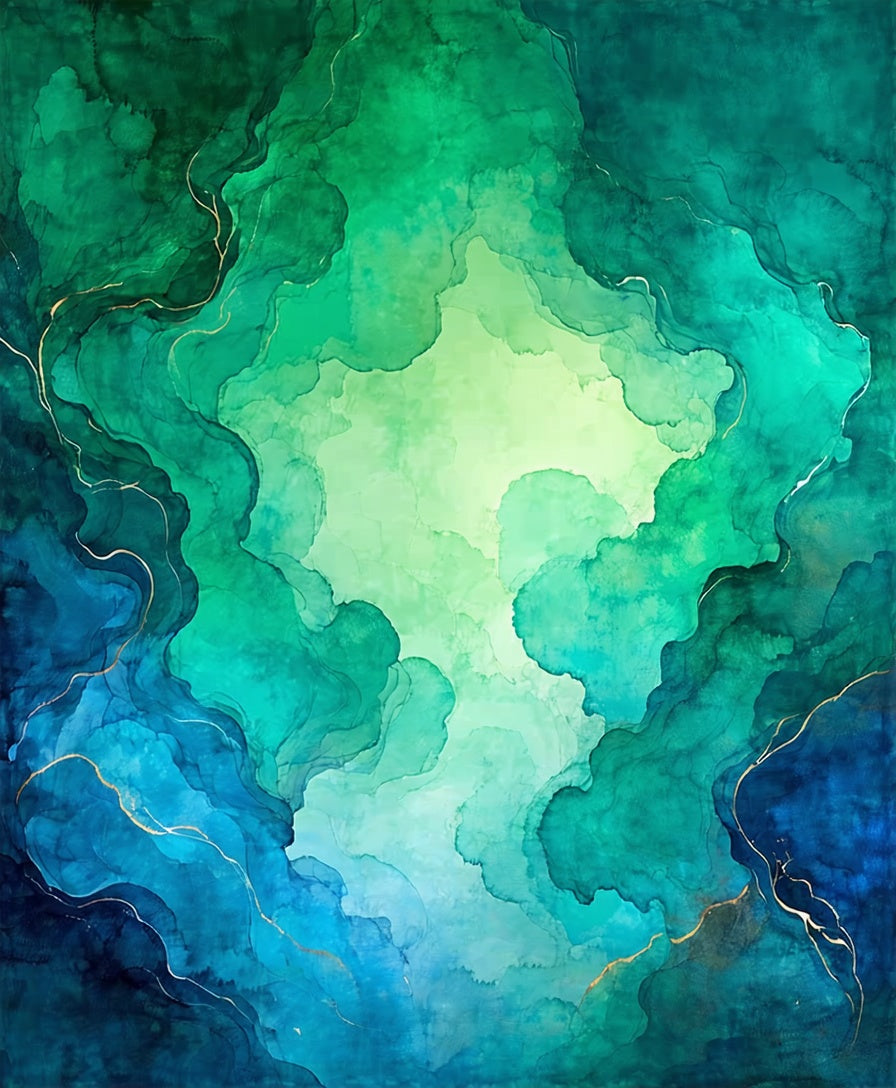 Abstract Blue Green Swirls With Gold Accents Rug