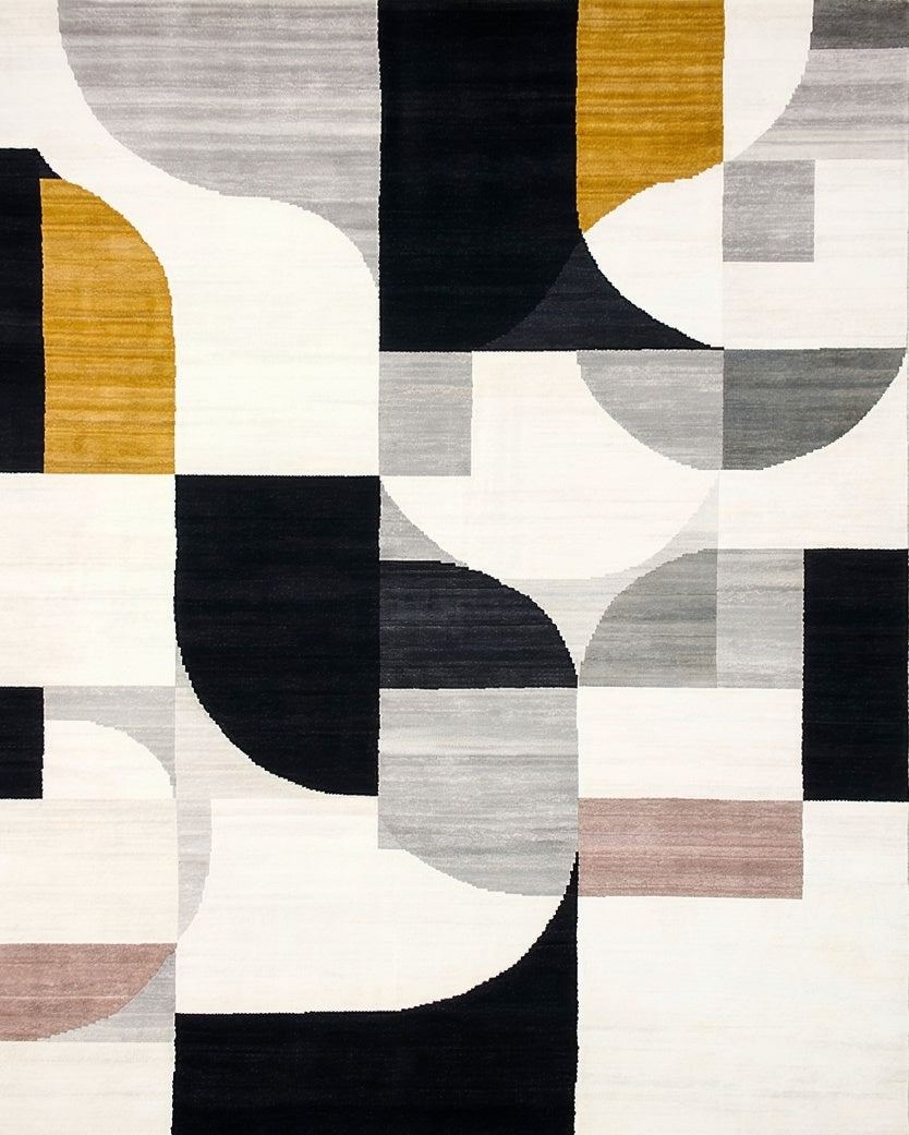 Abstract Geometric Mustard Black Design Rug