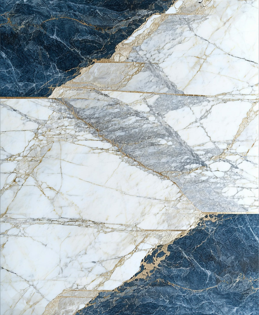 Abstract Blue Gold Marble Pattern Rug