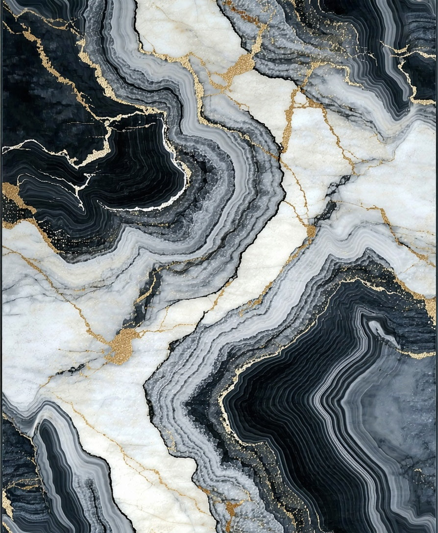 Abstract Black Gray Gold Veined Rug