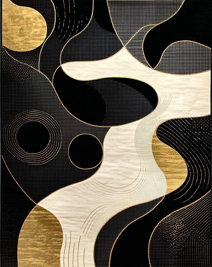 Abstract Black Gold Flowing Lines Rug