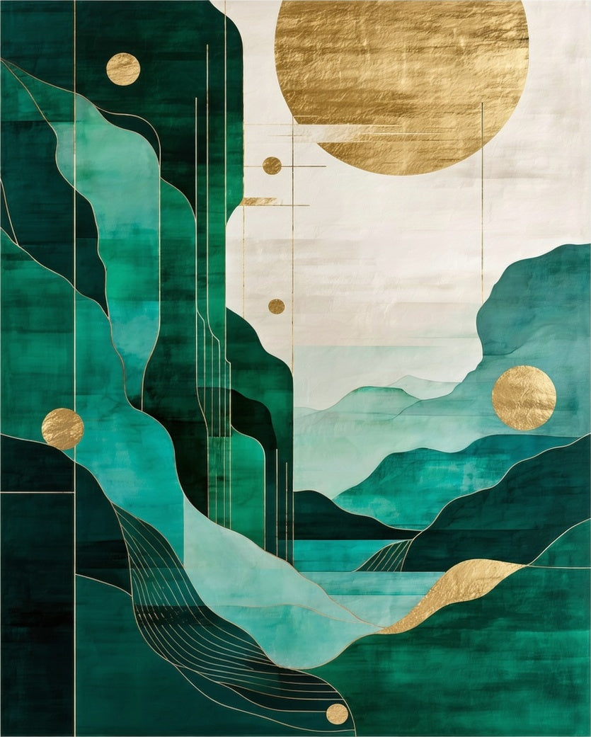 Abstract Green Teal Gold Mountain Sun Rug