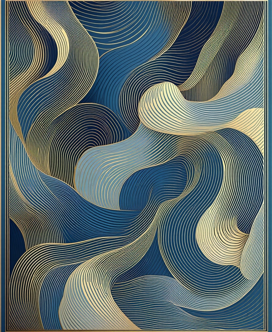 Abstract Blue Gold Wave Pattern Rug