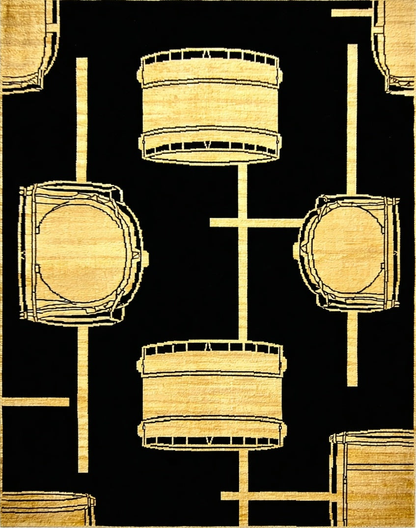 Abstract Black Yellow Barrel Design Rug