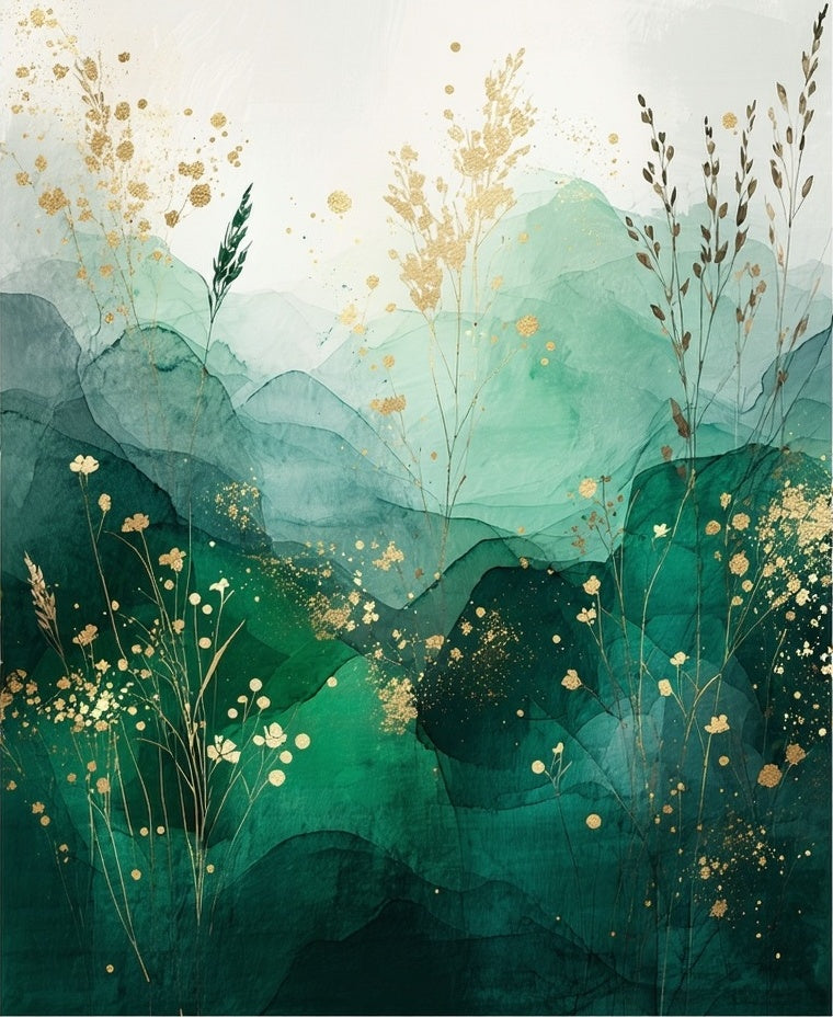 Abstract Emerald Watercolor Botanical Design Rug