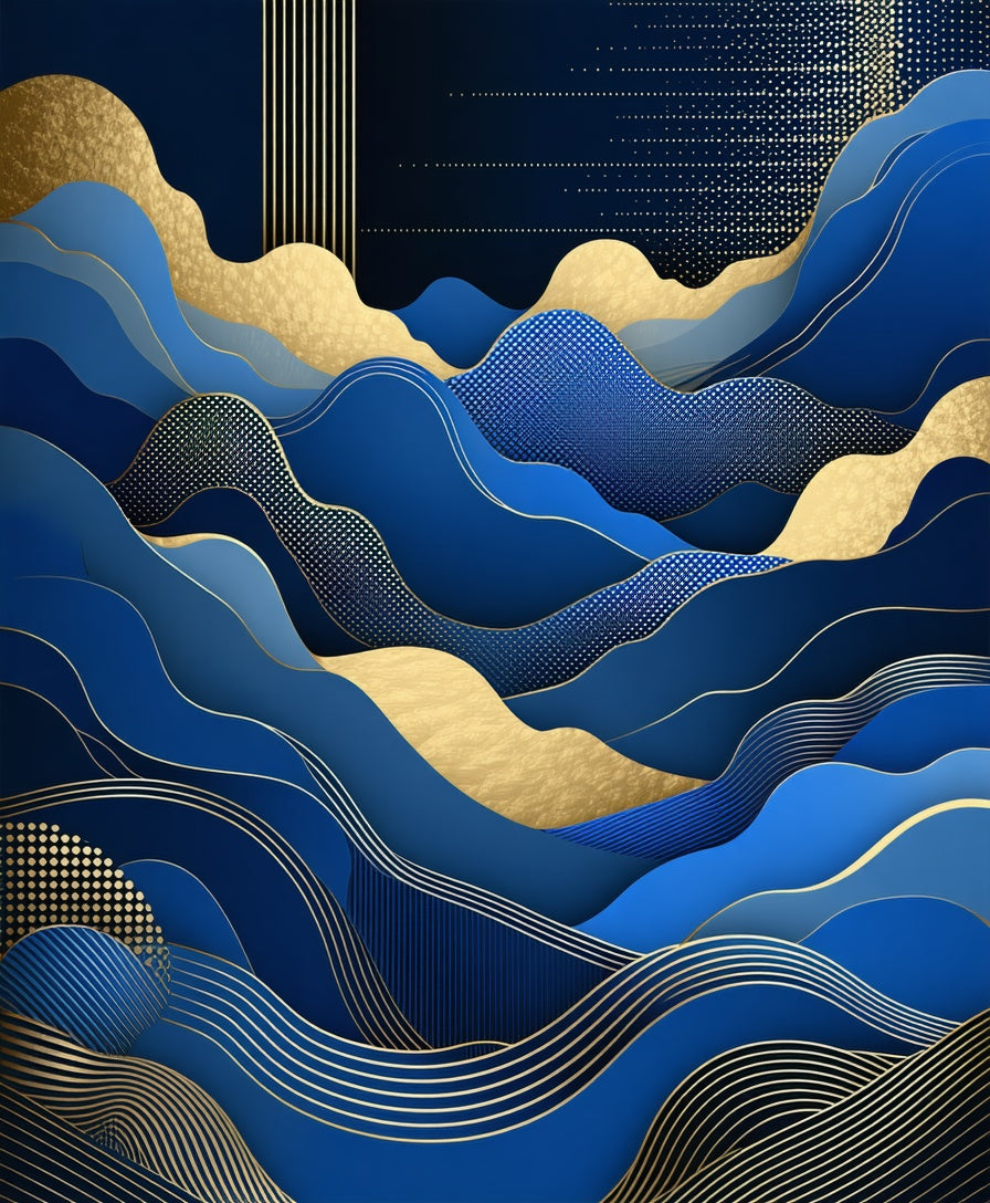 Abstract Blue Gold Wavy Mountains Rug