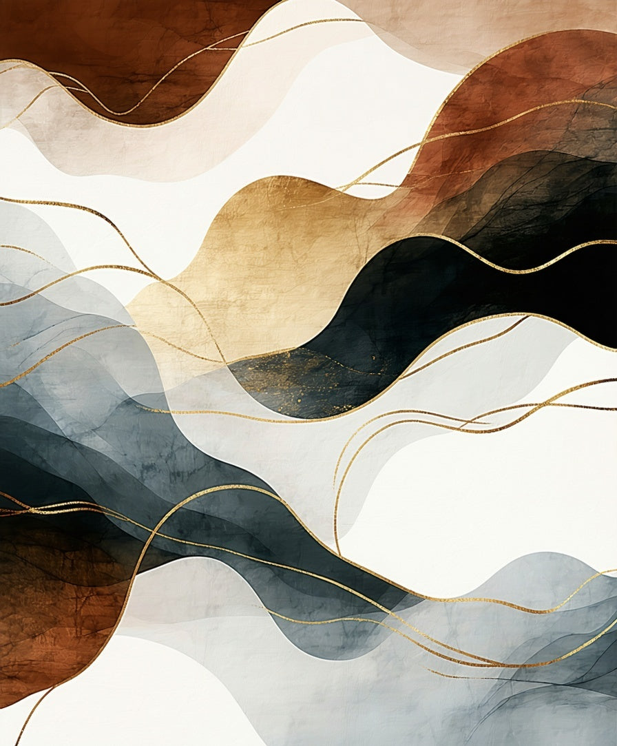 Abstract Gold Wavy Rust Navy Rug