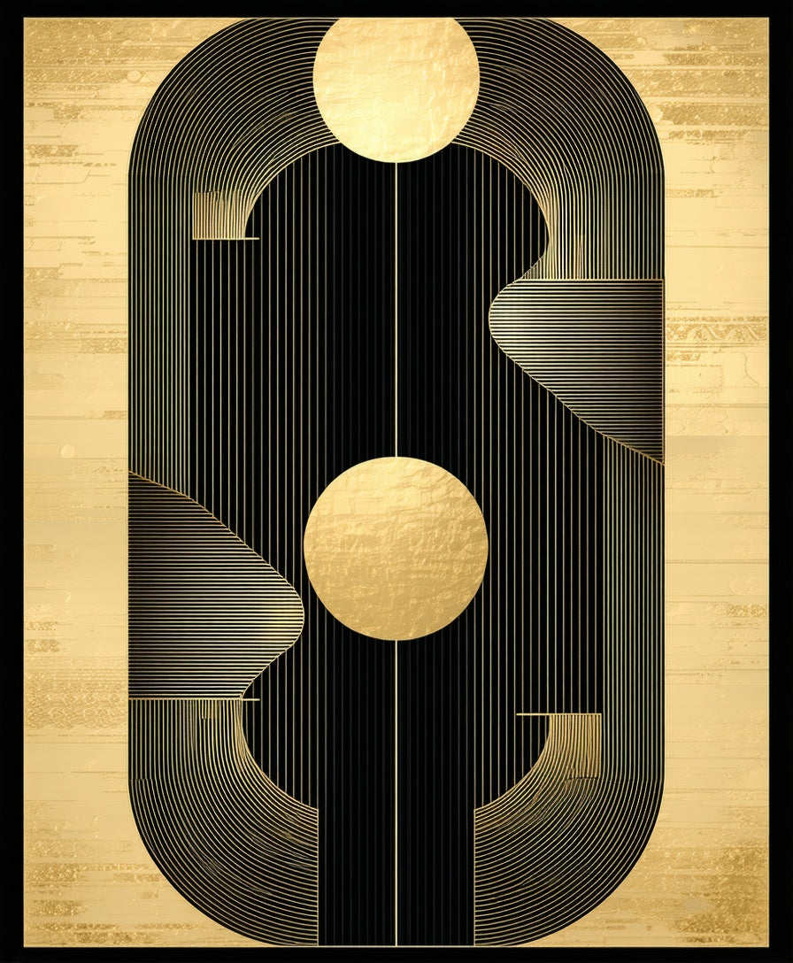 Abstract Gold Black Geometric Lines Rug
