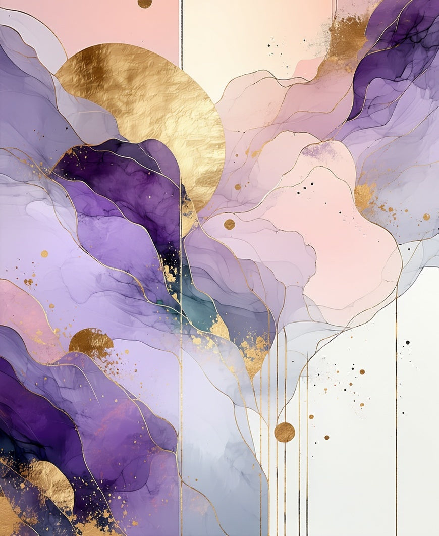 Abstract Purple Gold Watercolor Waves Rug