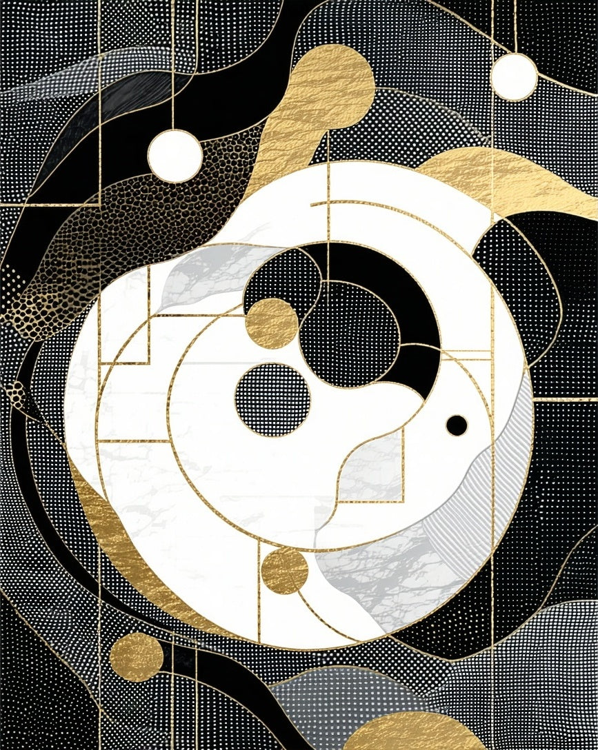 Abstract Gold Black Geometric Swirl Rug