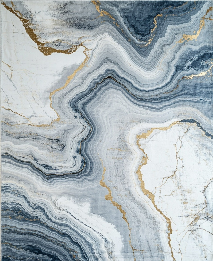 Abstract Blue Gold Veined Marble Rug