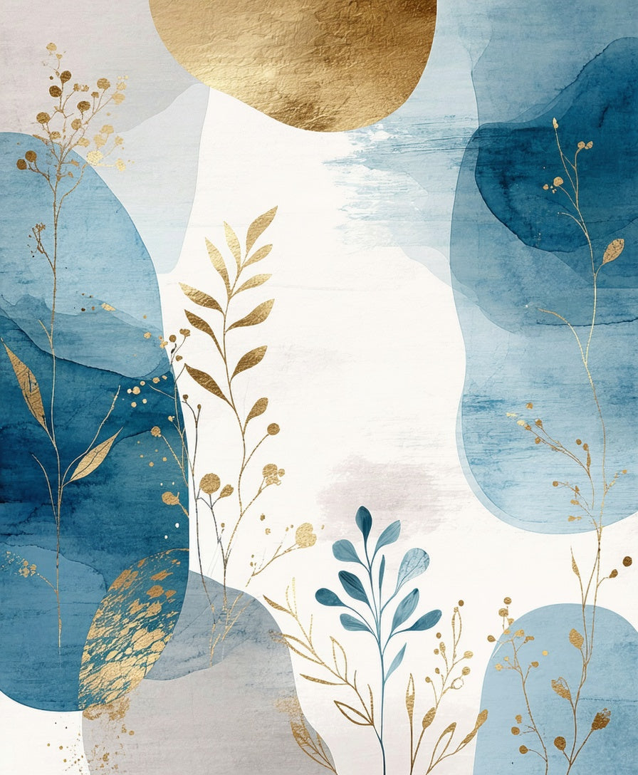 Abstract Blue Gold Leaf Watercolor Rug