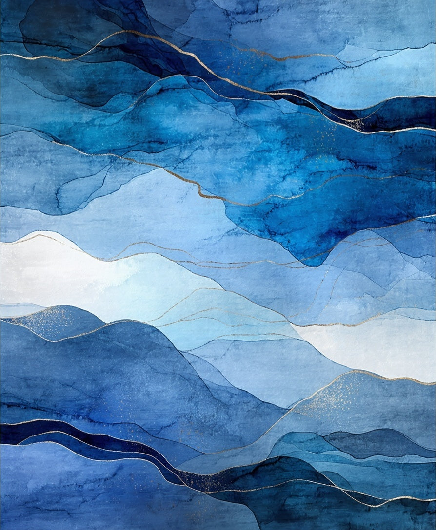 Abstract Blue Wavy Gold Line Rug