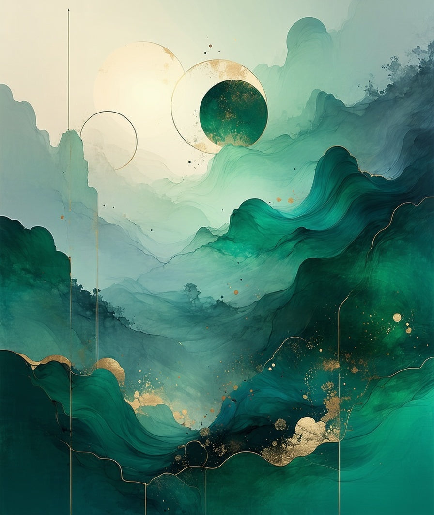 Abstract Emerald Gold Wave Pattern Rug