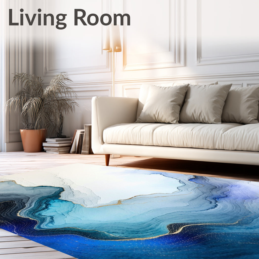 Abstract Blue Swirl Gold Accented Rug