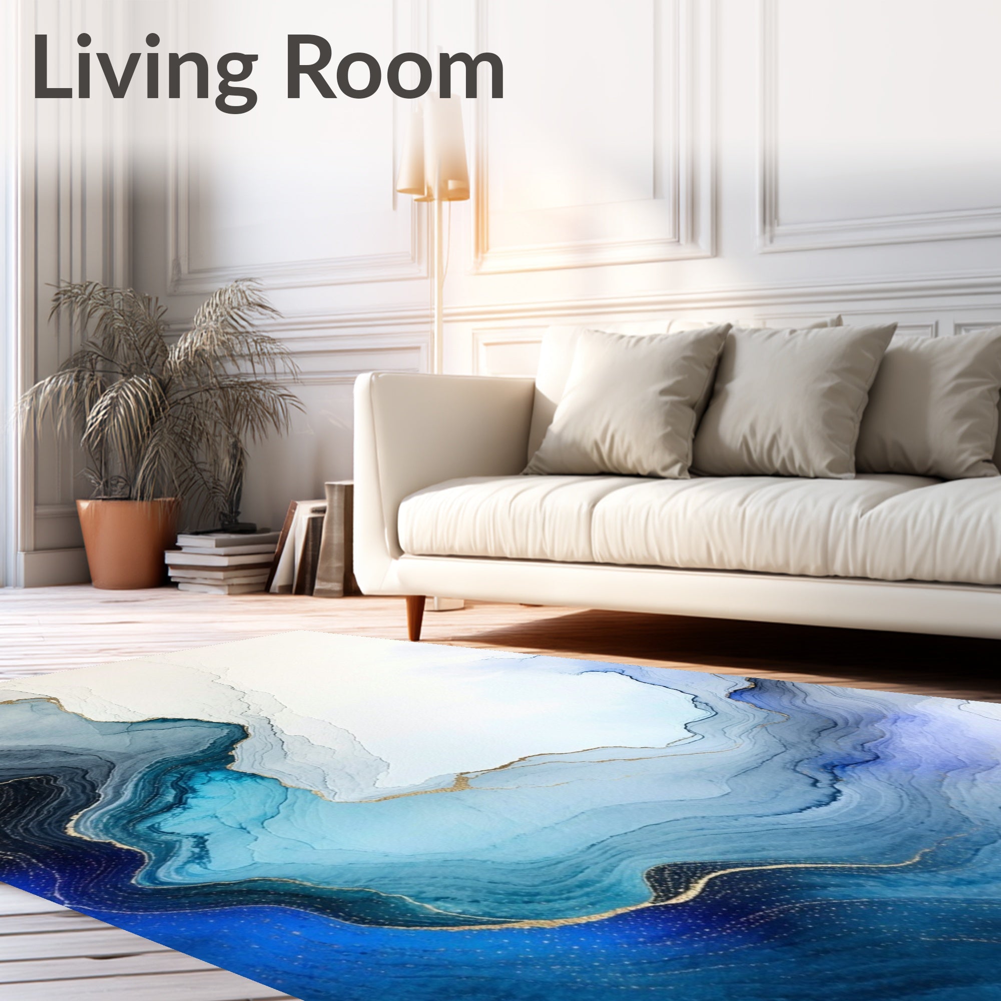 Abstract Blue Swirl Gold Accented Rug