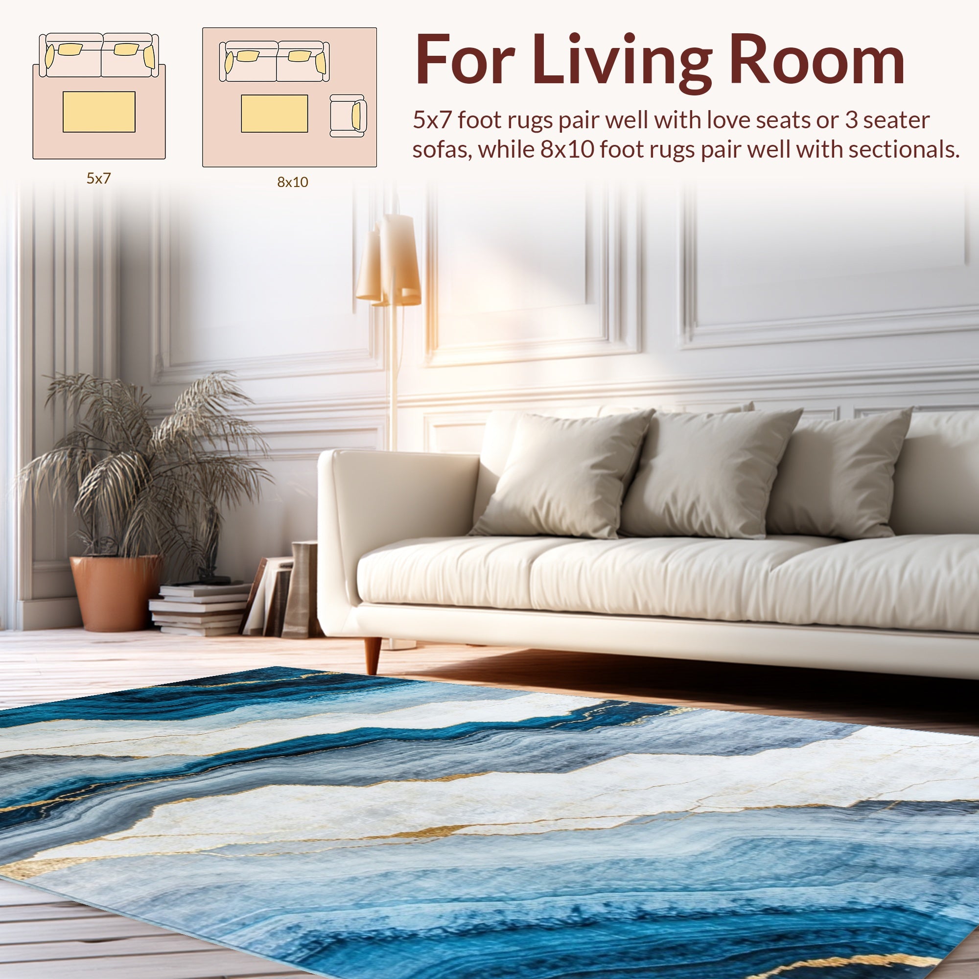 Abstract Blue Gold Marble Pattern Rug