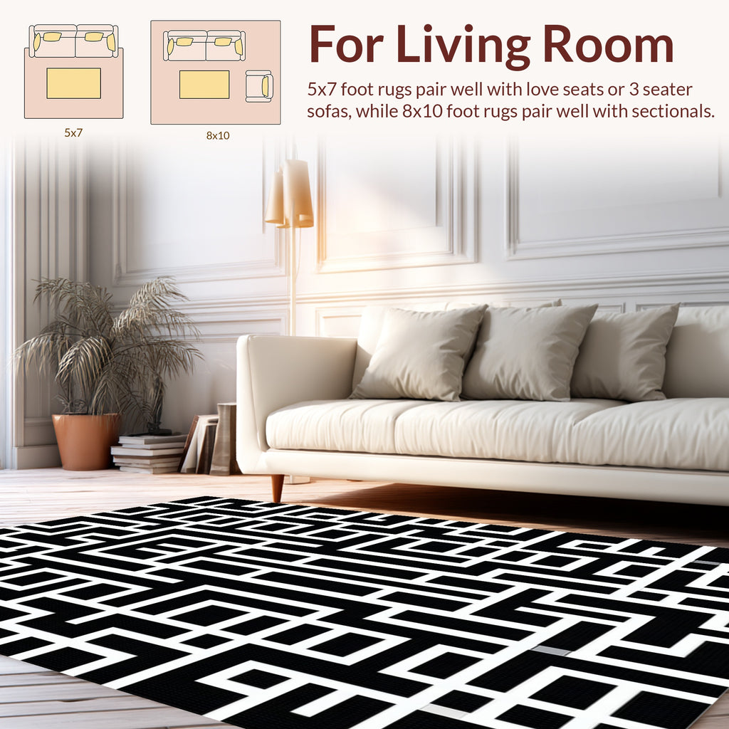 Abstract Black 2 White Linear Maze Rug