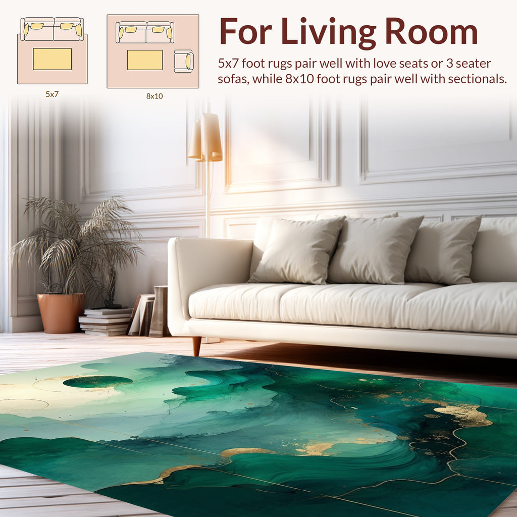 Abstract Emerald Gold Wave Pattern Rug