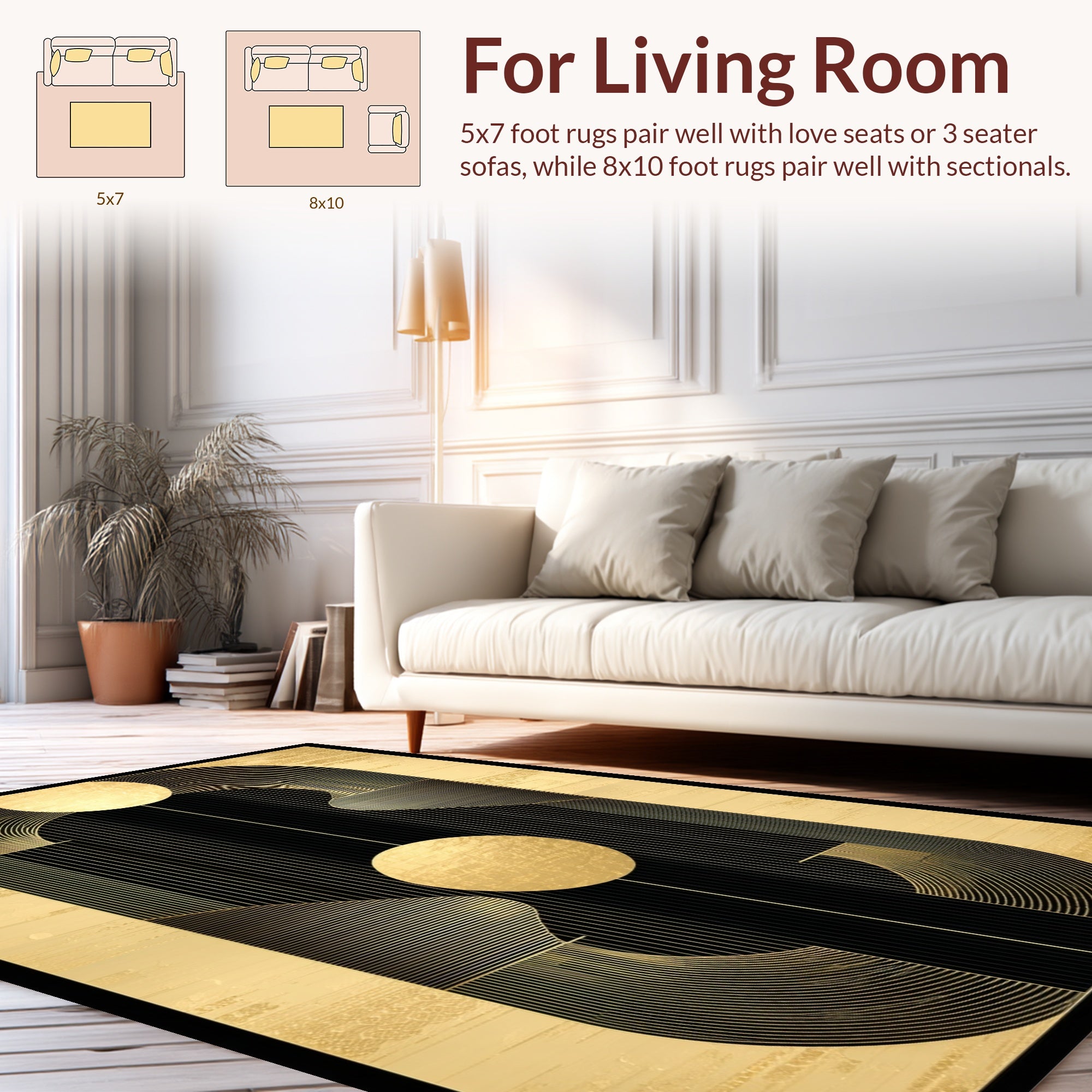 Abstract Gold Black Geometric Lines Rug