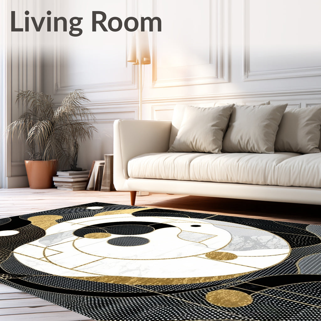 Abstract Gold Black Geometric Swirl Rug