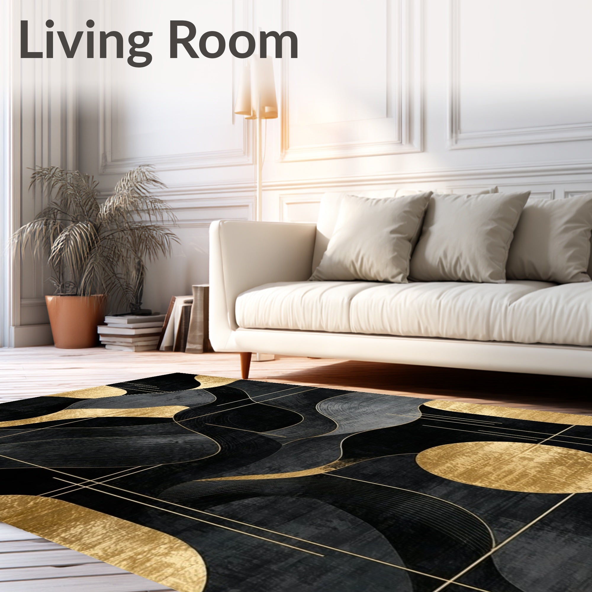 Abstract Black Gold Waves Rug