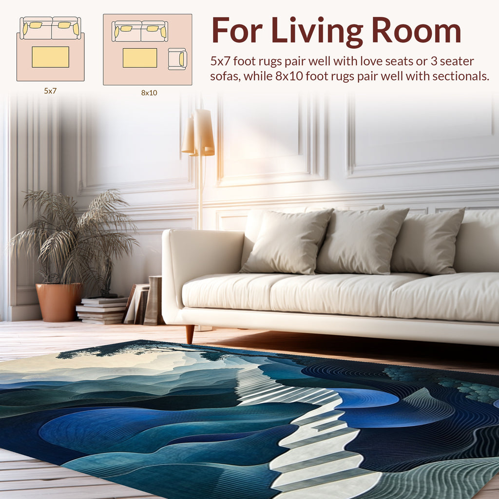 Abstract Blue Wave Stair Scene Rug