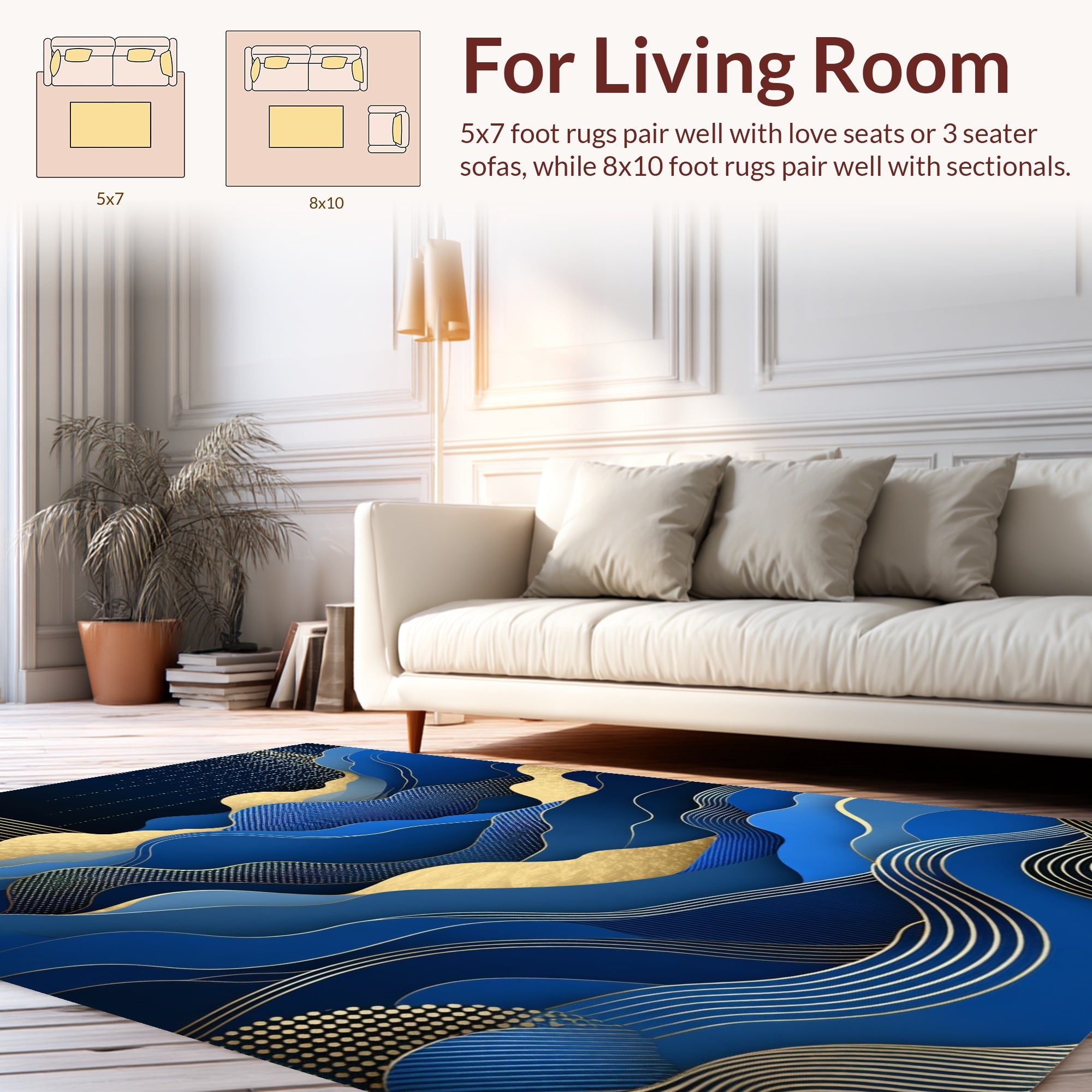 Abstract Blue Gold Wavy Mountains Rug