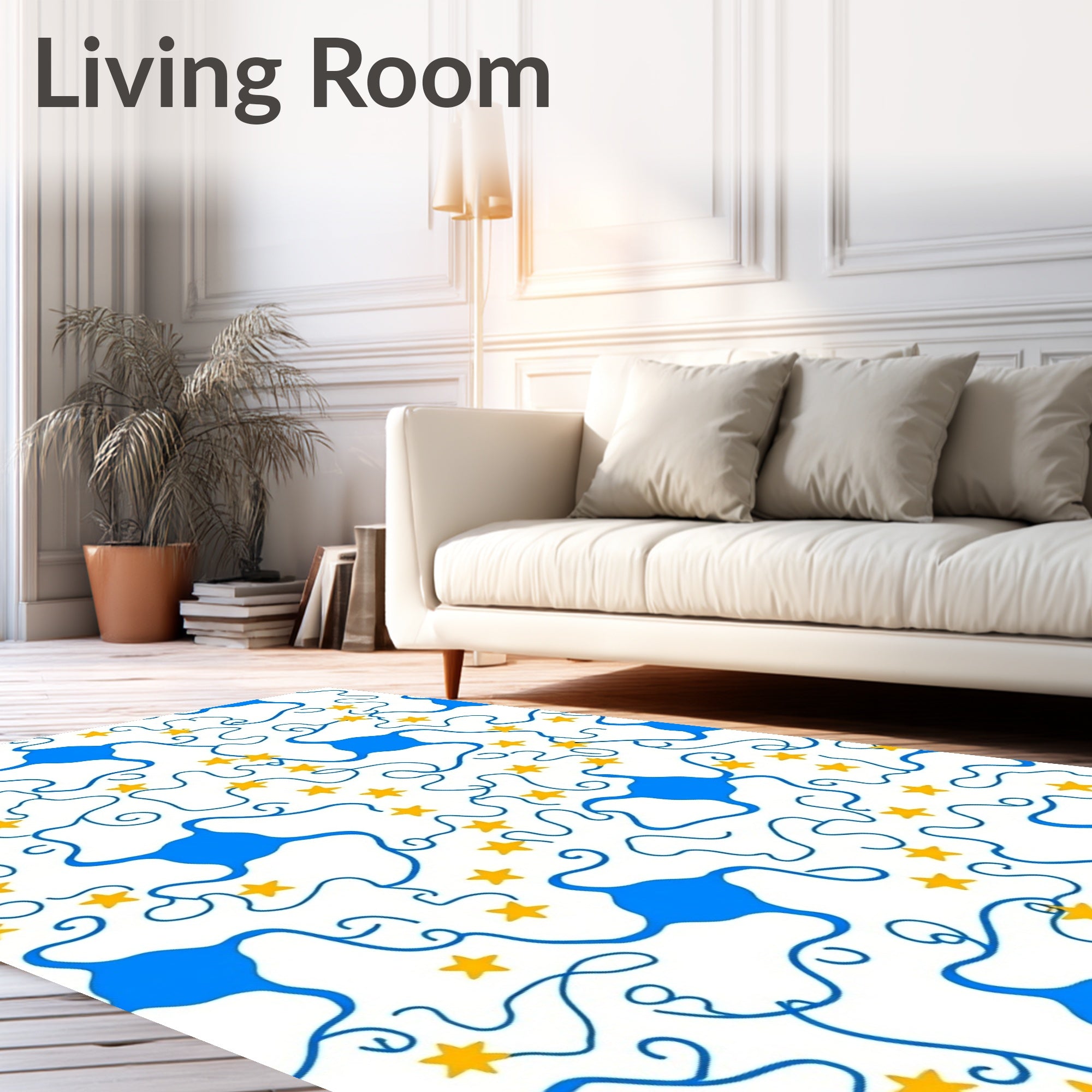 Abstract Blue Blobs Golden Stars Rug