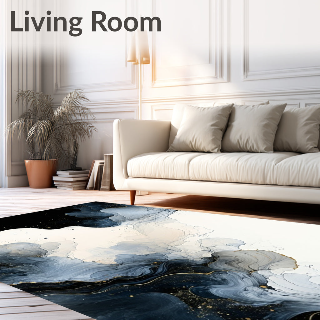 Abstract Ink Swirl Gold Accents Rug