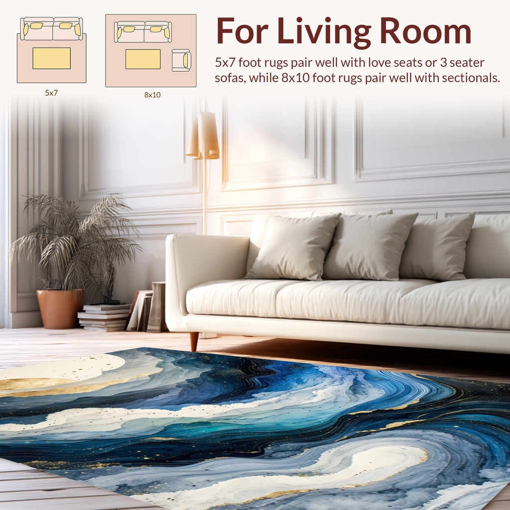 Abstract Blue Gold Mountain Waves Rug