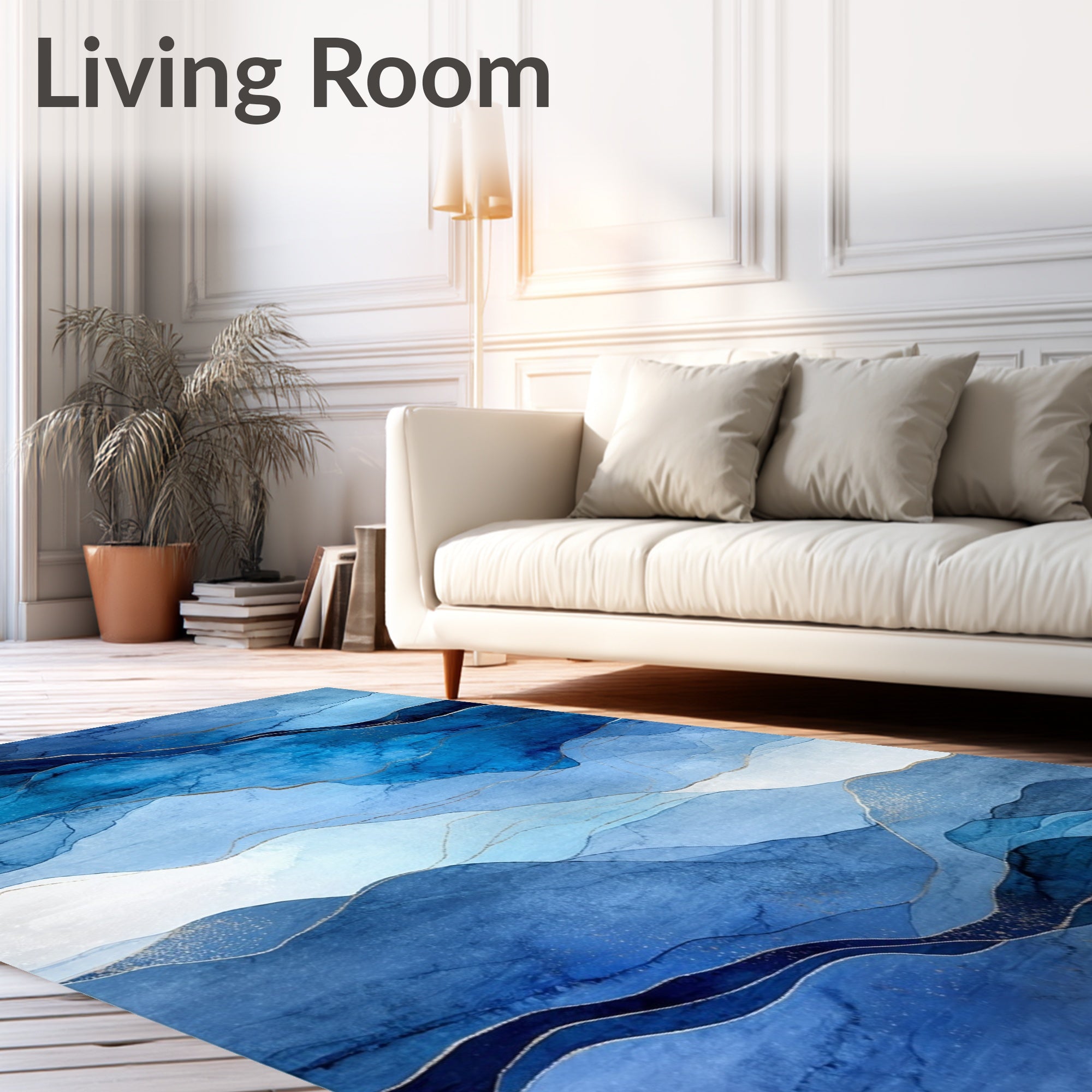 Abstract Blue Wavy Gold Line Rug