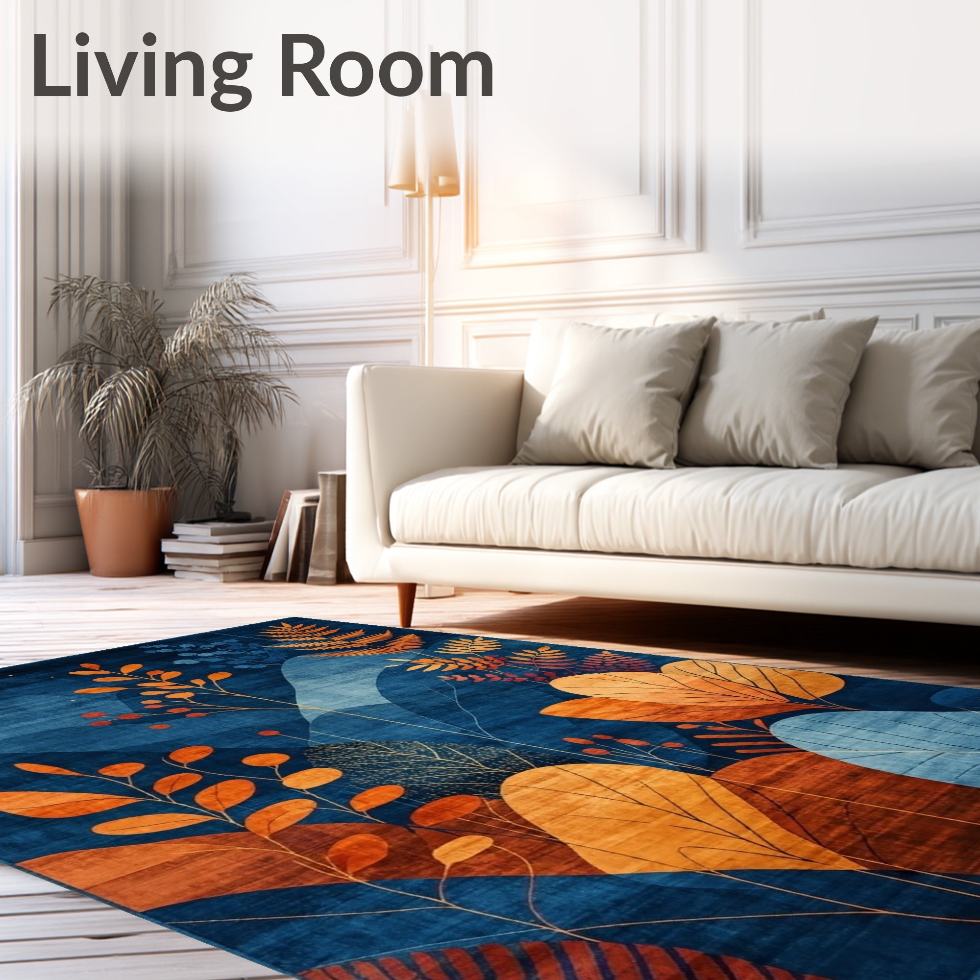 Abstract Botanical Blue And Orange Foliage Rug