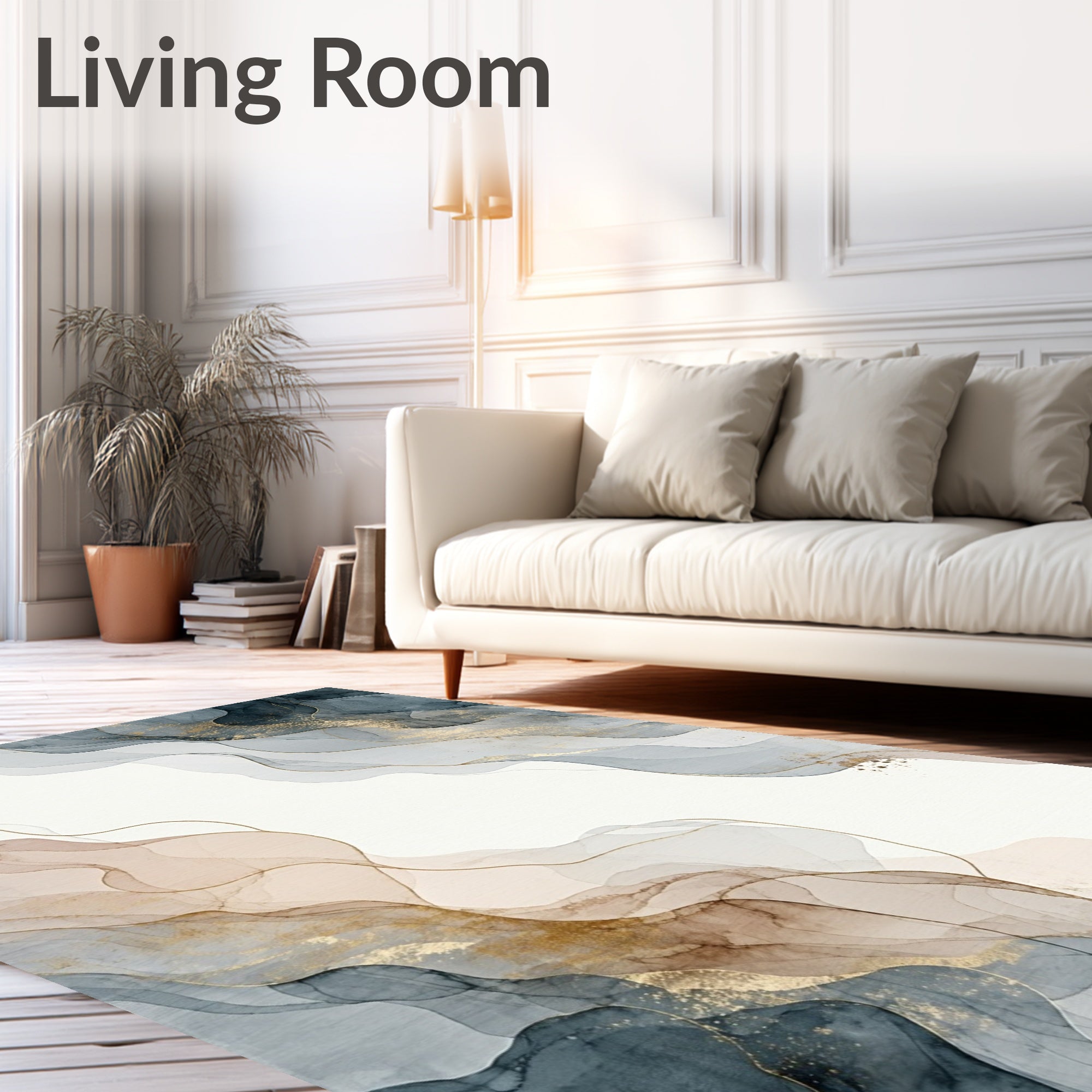 Abstract Ink Wash Gold Swirls Rug