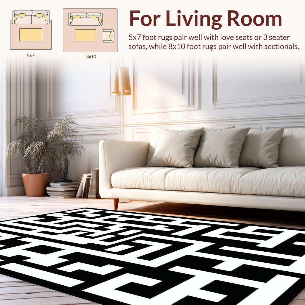 Abstract Black White Maze Pattern Rug