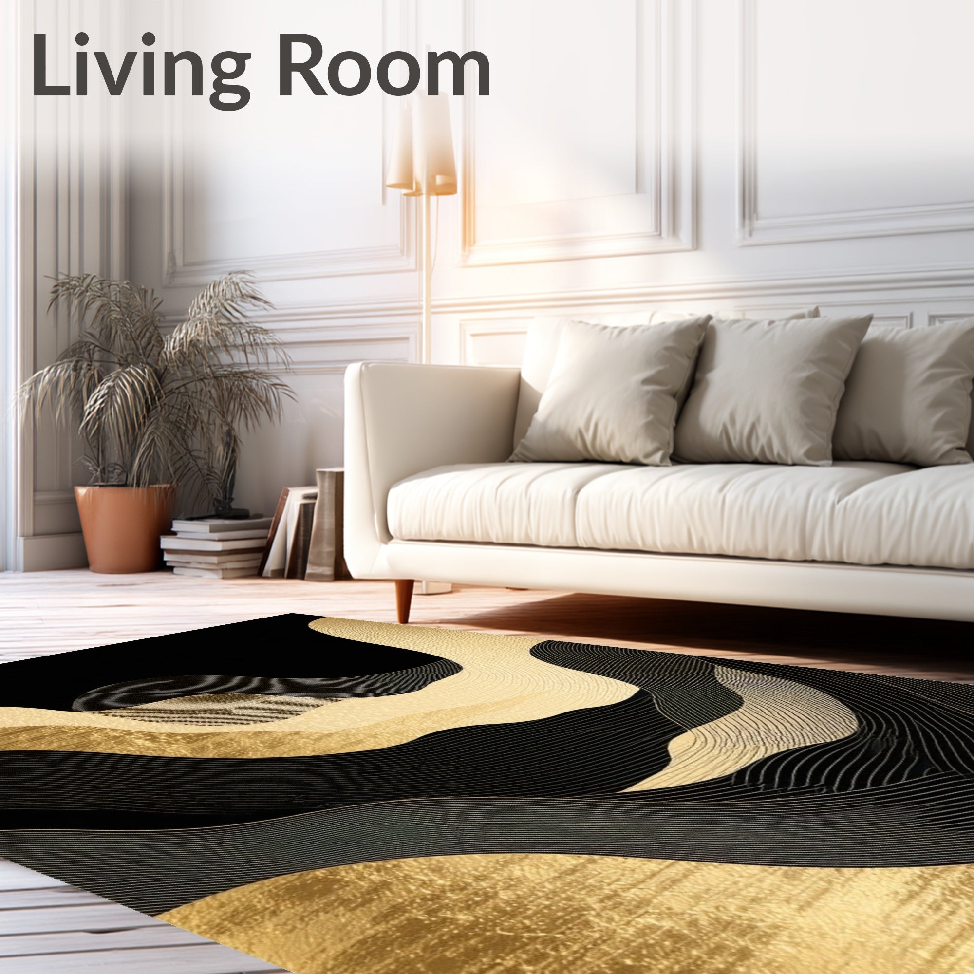 Abstract Gold Black Wavy Lines Rug