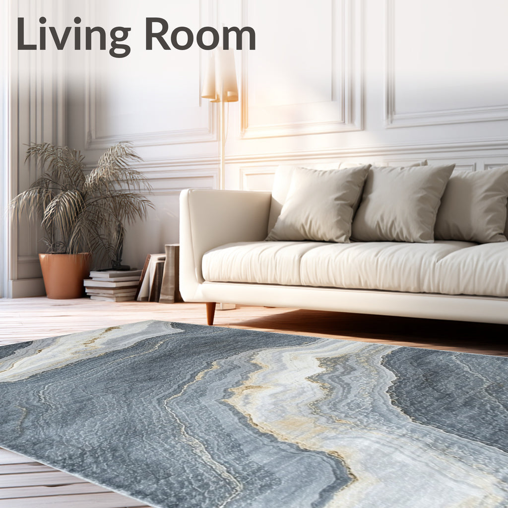 Abstract Blue Gold Veined Design Rug
