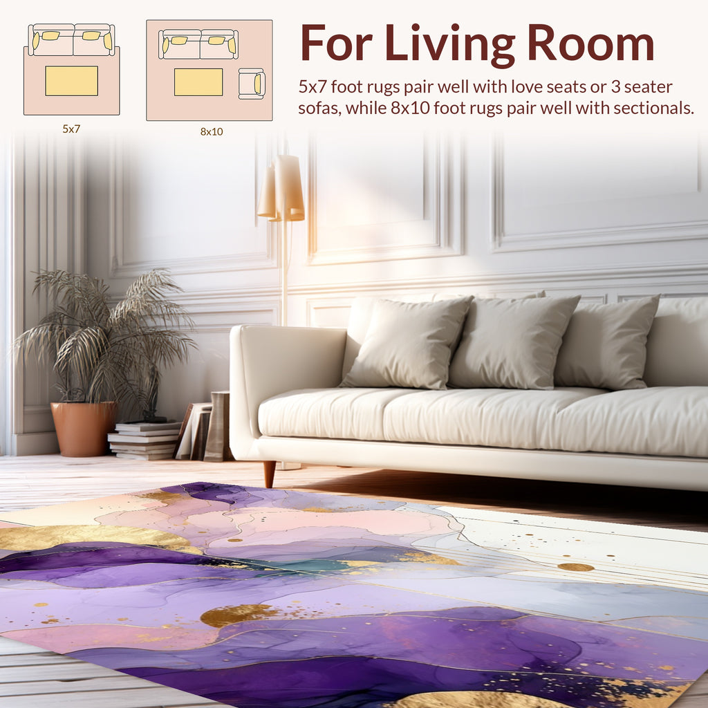 Abstract Purple Gold Watercolor Waves Rug