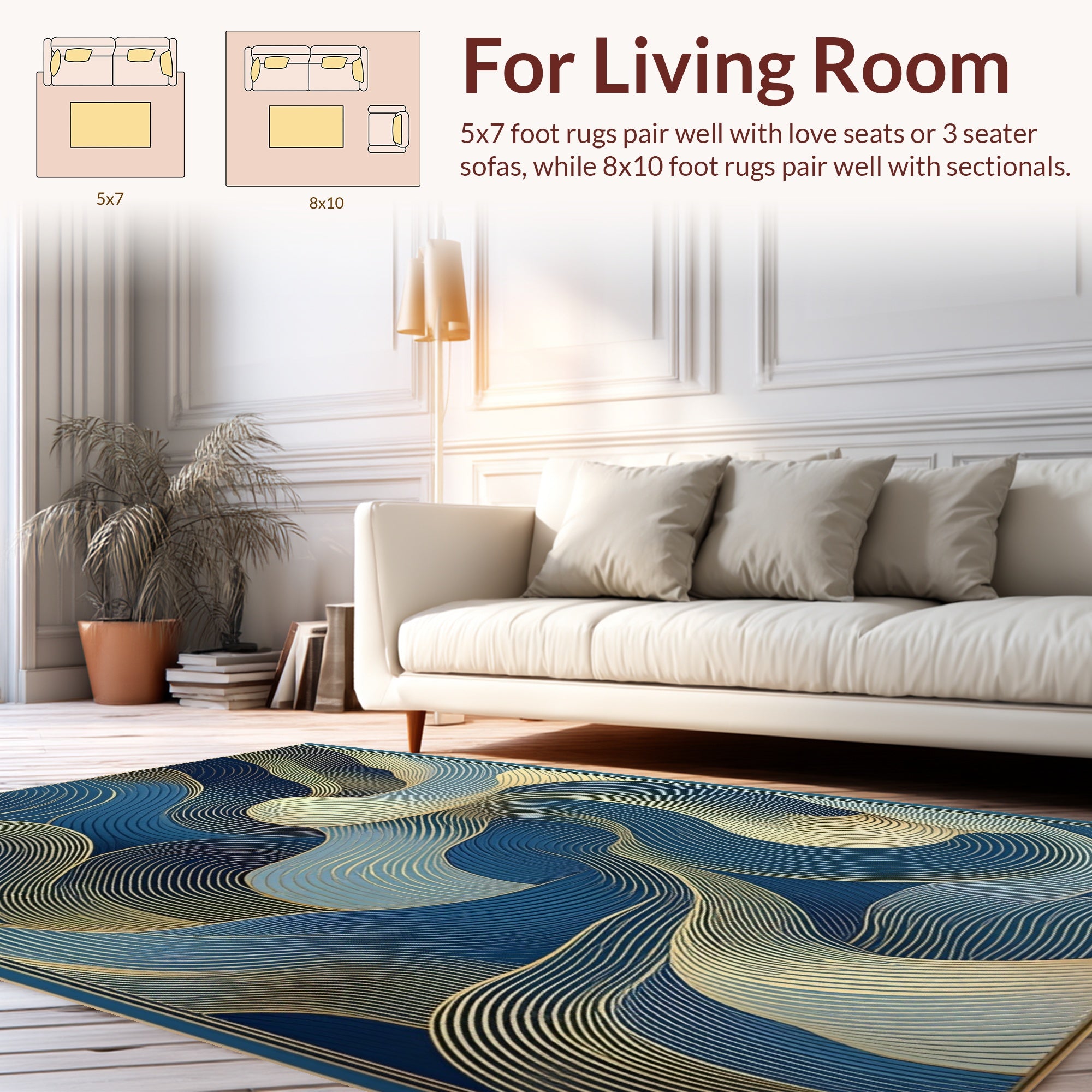 Abstract Blue Gold Wave Pattern Rug