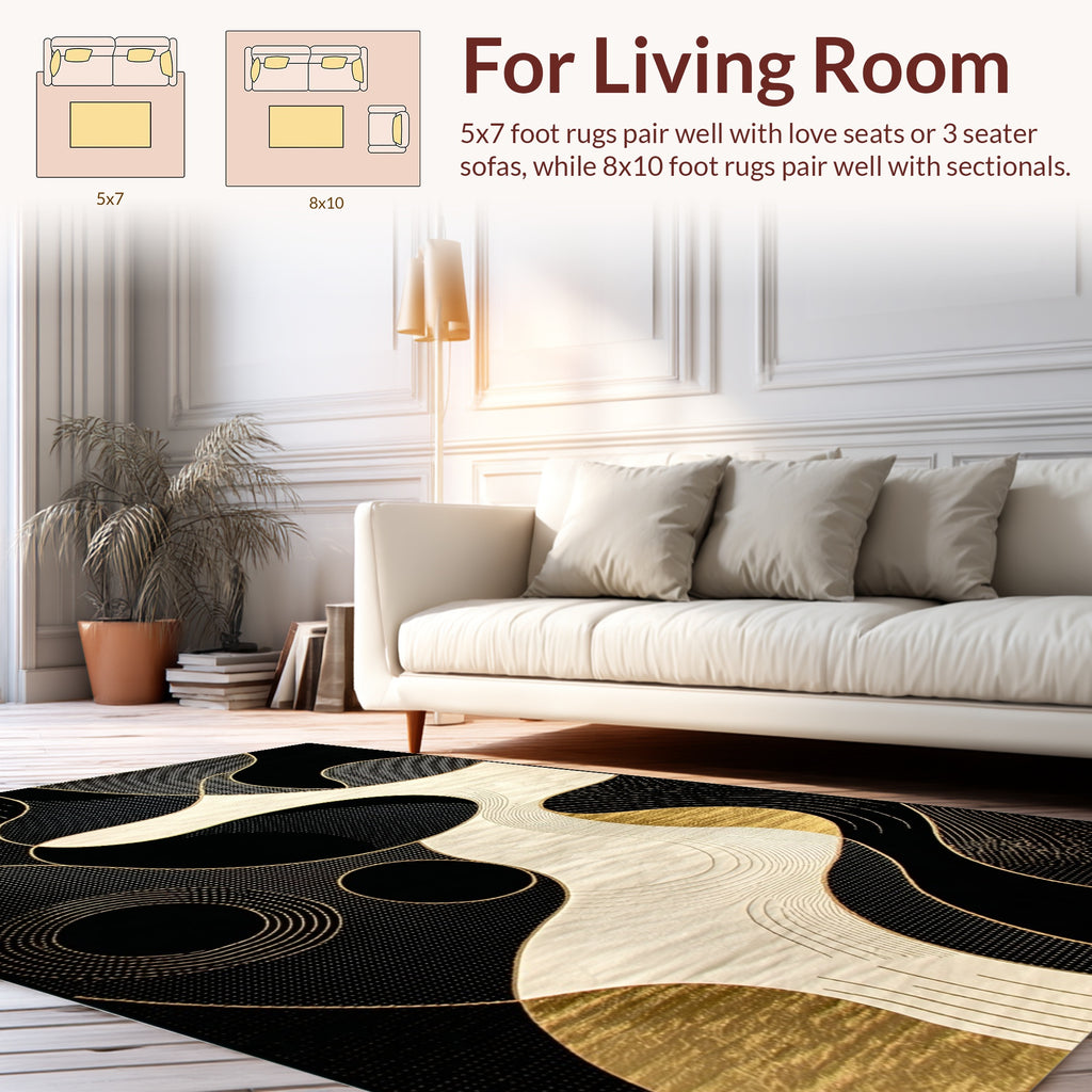 Abstract Black Gold Flowing Lines Rug