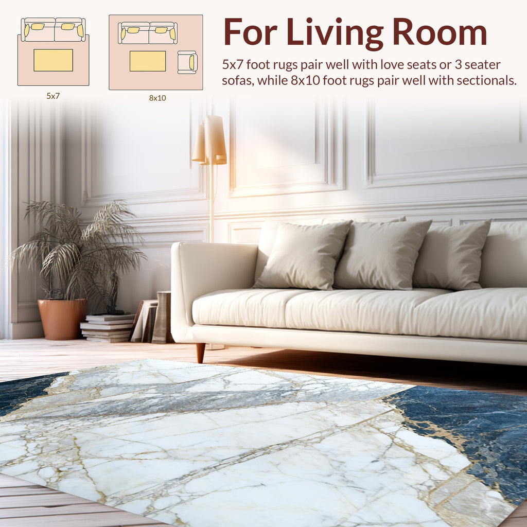 Abstract Blue Gold Marble Pattern Rug