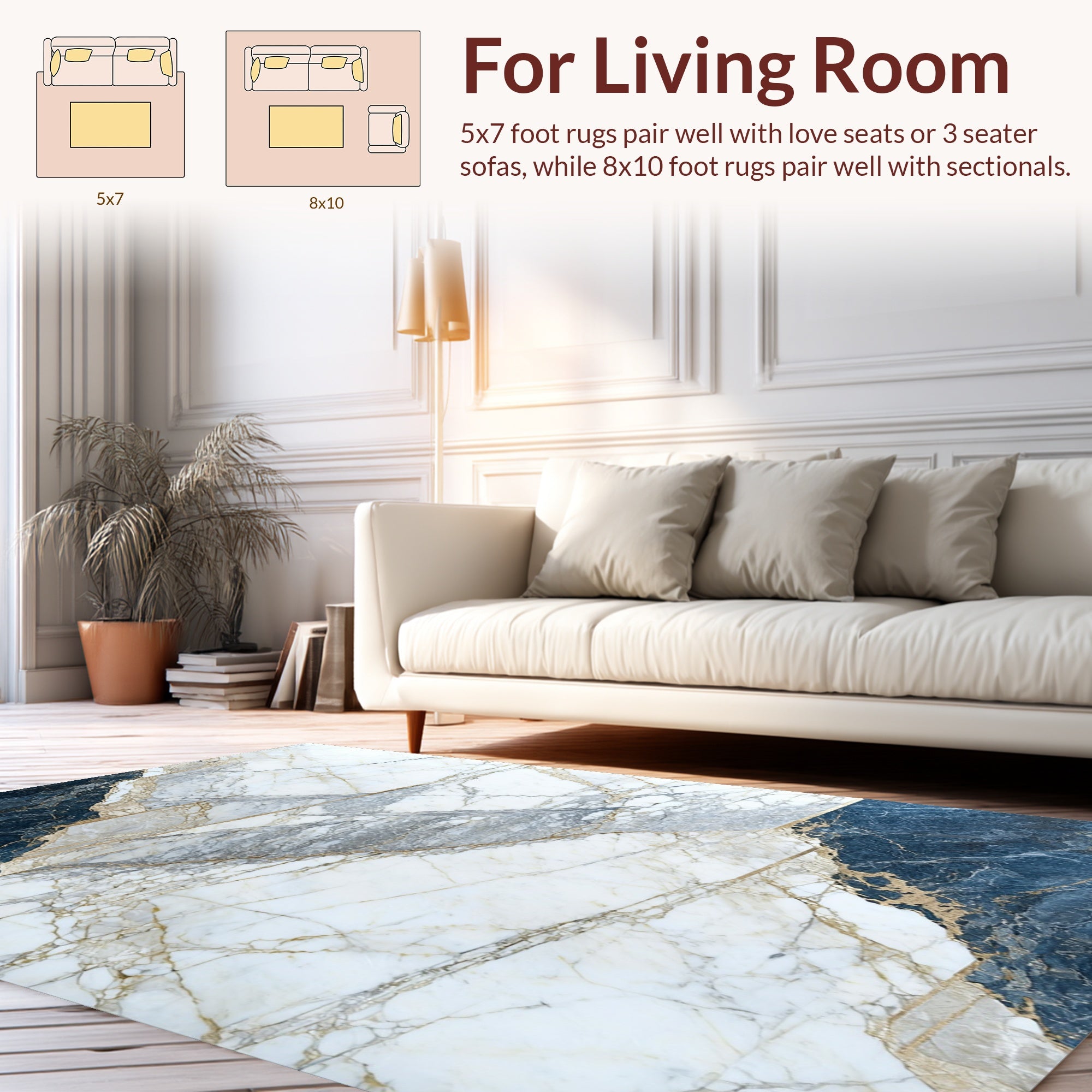 Abstract Blue Gold Marble Pattern Rug