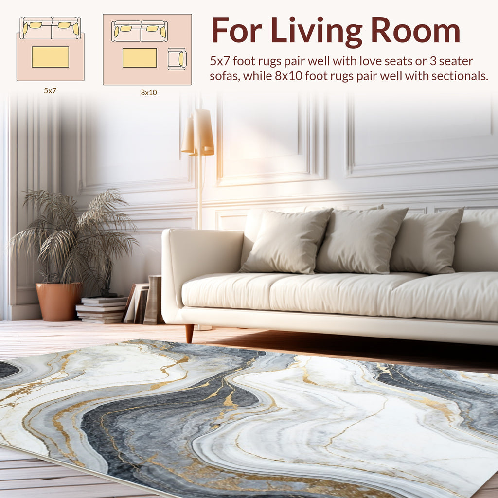 Abstract Gold Veined Marble Rug